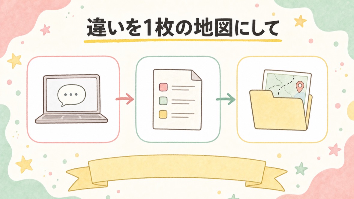 違いを1枚の地図 ai-chigai.html にして、修了 の流れ図解