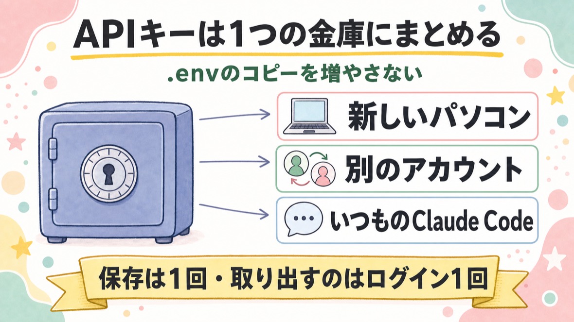 流れ：①Bitwardenの金庫にAPIキーを1回だけ保存 ②Claude Codeが金庫から取り出して使う（.envなし） ③新しいパソコン・別アカウントでもログインすれば同じ金庫
