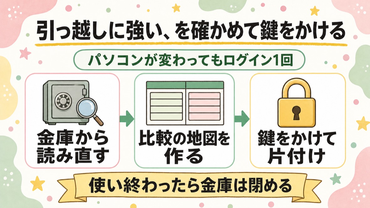 流れ：金庫から読み直して証明→.env方式と金庫方式の比較地図kagi-map.htmlを作る→最後は金庫に鍵をかける