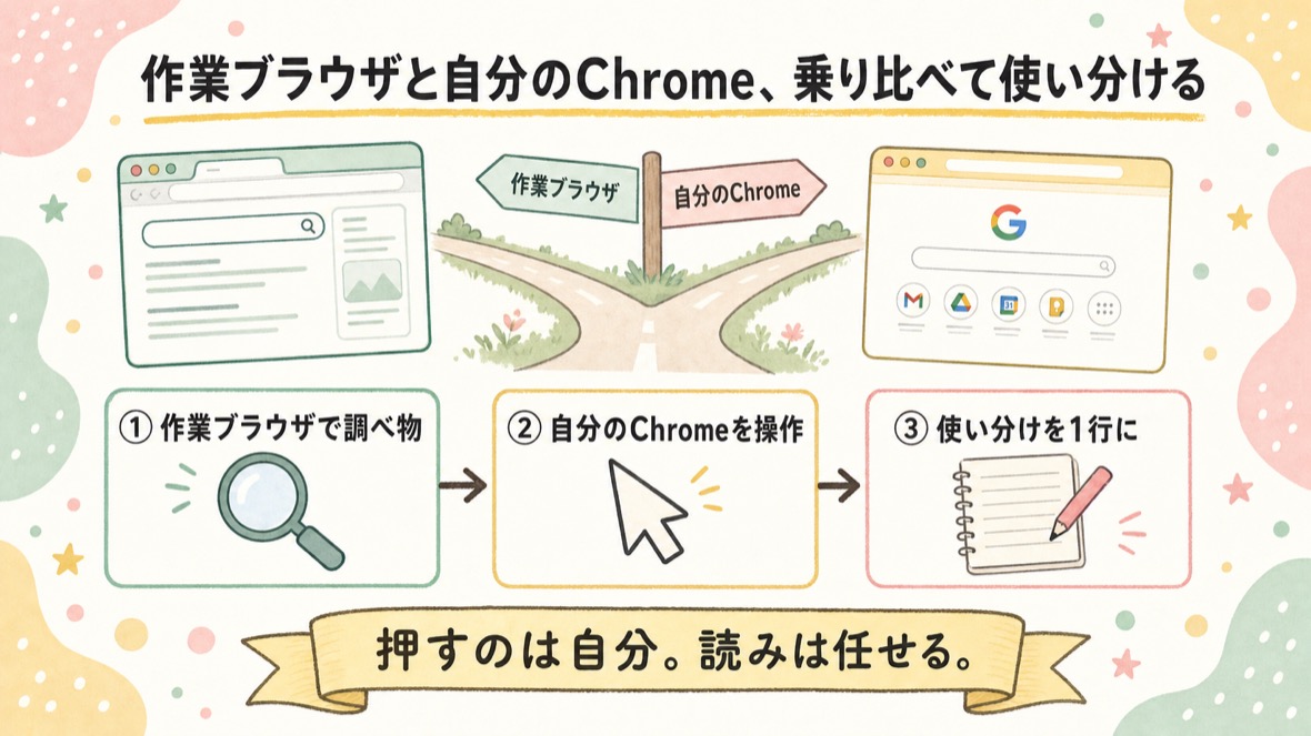流れ：①作業ブラウザで調べ物 ②自分のChromeをClaudeが操作 ③比較して使い分け基準を1行に