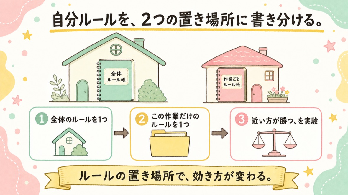 流れ：①グローバルに自分ルール ②プロジェクトにルール ③2つの違いの地図