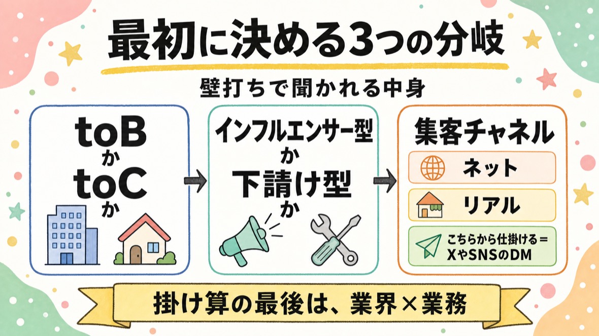 最初に決める3つの分岐の図解：toBかtoCか／インフルエンサー型か下請け型か／集客チャネル（ネット・リアル・こちらから仕掛ける＝XやSNSのDM）