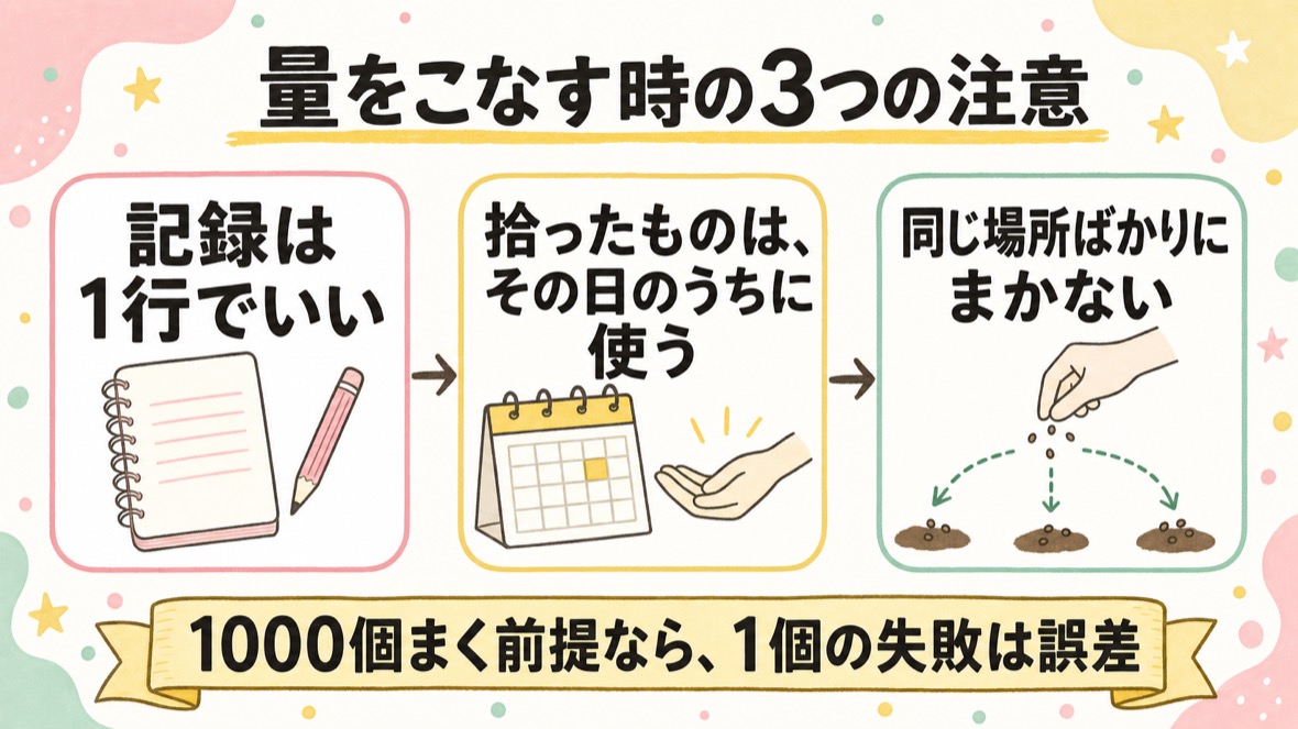 量をこなす時の3つの注意。記録は1行でいい・拾ったものはその日のうちに使う・同じ場所ばかりにまかない。1000個まく前提なら1個の失敗は誤差