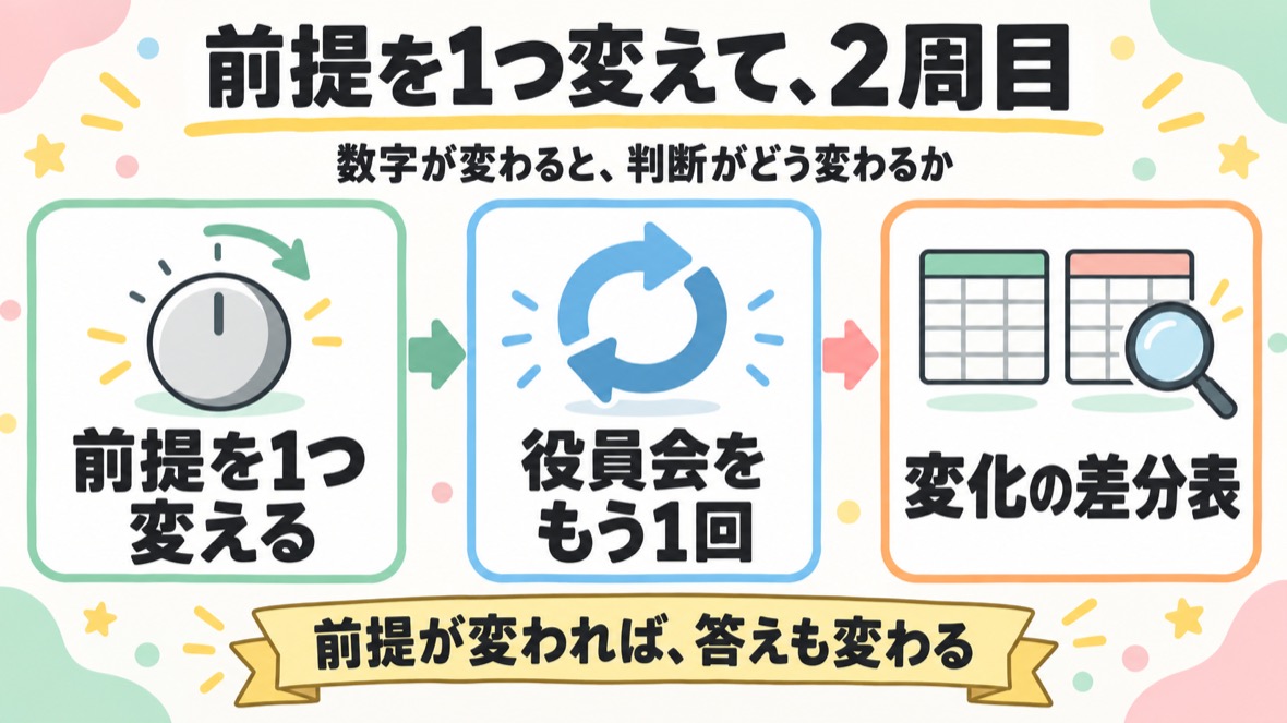 前提を1つ変えて2周目 の流れ図解：前提を1つ変える → 役員会をもう1回 → 変化の差分表