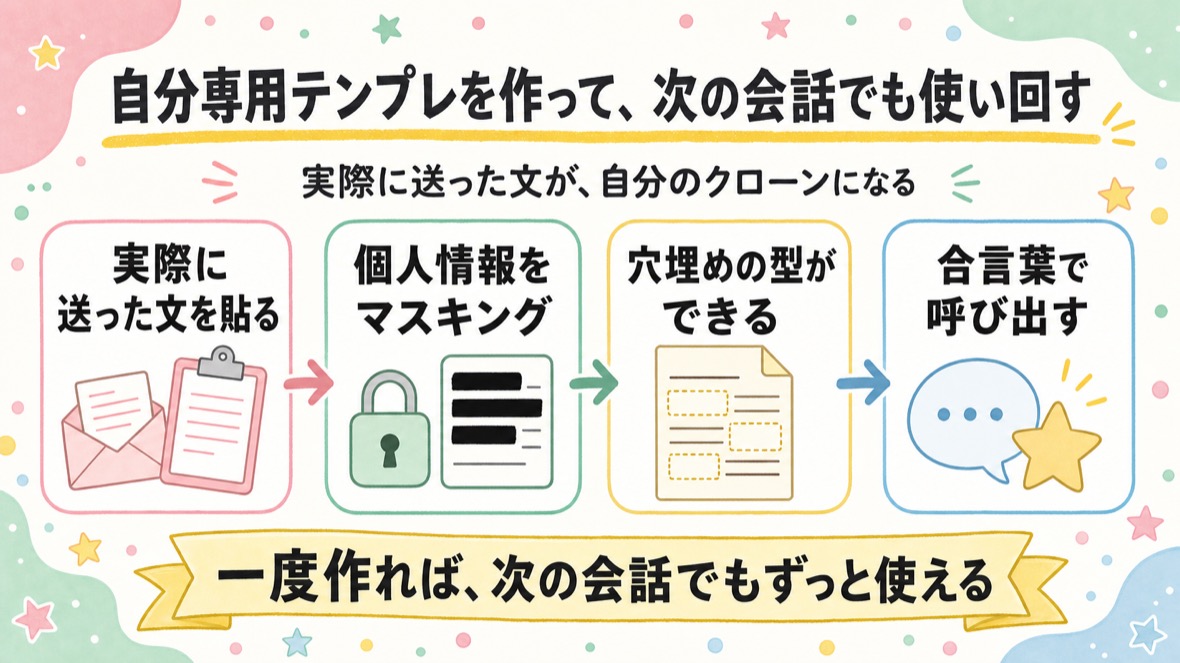 第2弾の流れ：①実文からルールと型を取り出す ②同じ場面の1通で実戦 ③道具にして合言葉で呼ぶ