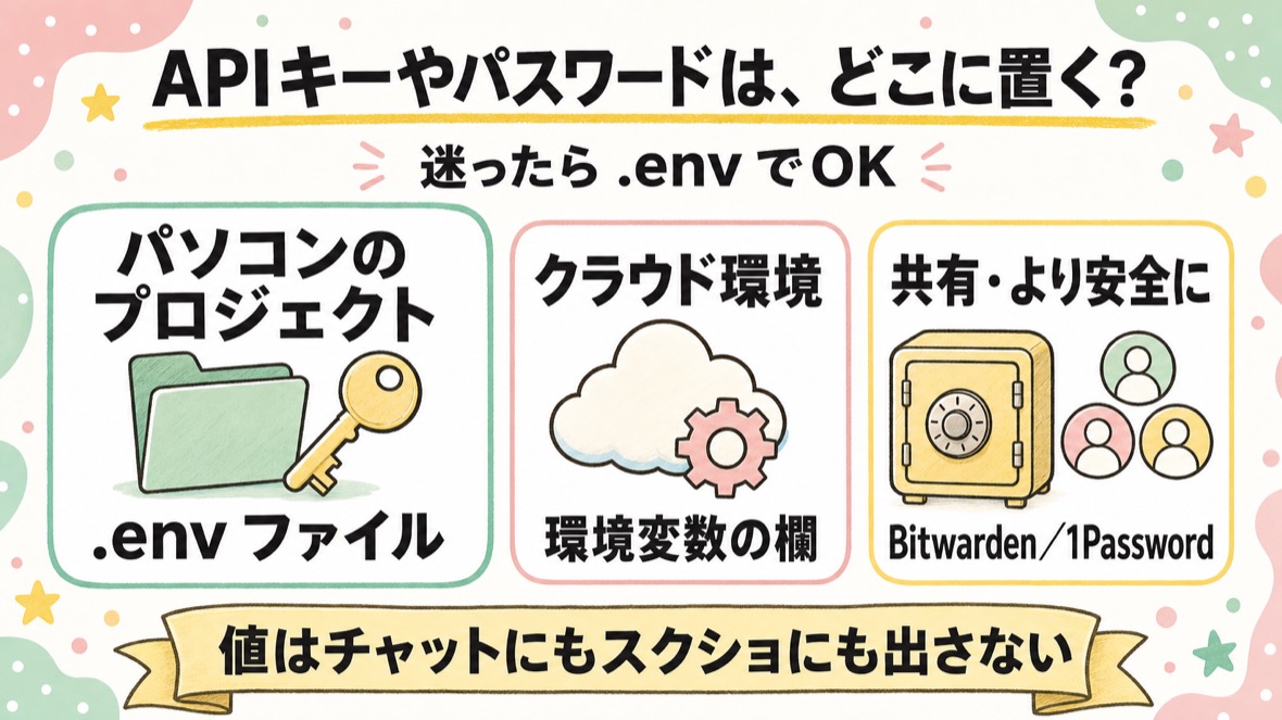 APIキーやパスワードはどこに置く？ パソコンのプロジェクト＝.envファイル／クラウド環境＝環境変数の欄／共有・より安全に＝Bitwarden・1Password。値はチャットにもスクショにも出さない