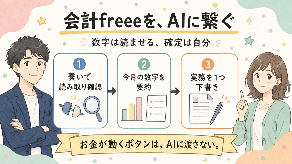 流れ：①繋いで読み取り確認 ②今月の数字を要約 ③実務を1つ下書き