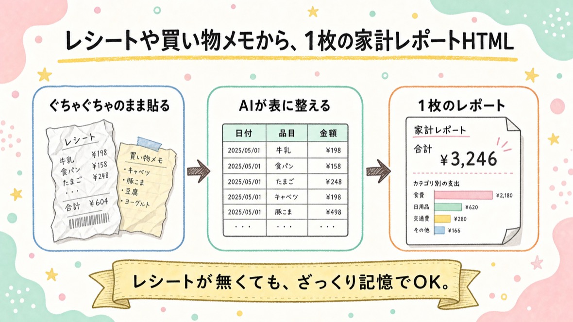 流れ：①支出を貼るだけ ②整った記録に ③1枚の家計レポートHTML