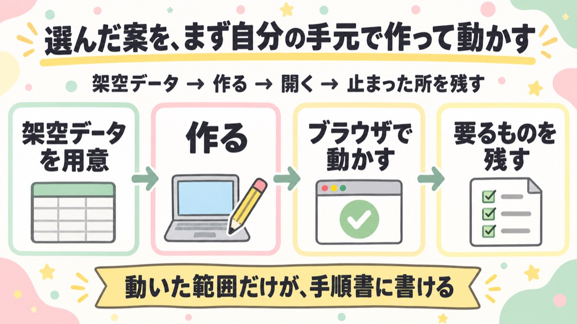 選んだ案を、まず自分のClaude Codeで実際に作って動かす の流れ図解