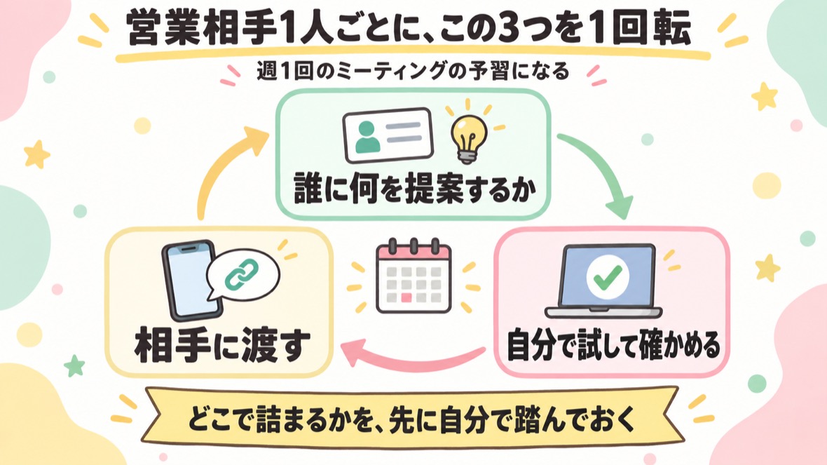 営業相手1人ごとに、この3つを1回転：誰に何を提案するか→自分で試して確かめる→相手に渡す。週1回のミーティングの予習になる。どこで詰まるかを先に自分で踏んでおく