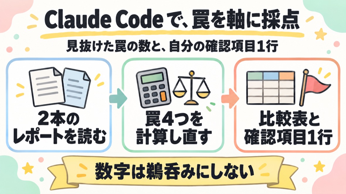 Claude Code の新しいセッションで、罠を何個見抜いたかを軸に採点させる の流れ図解