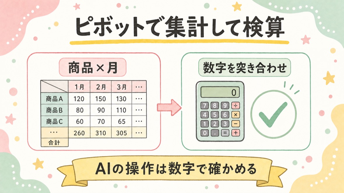 流れ：挿入メニューからピボットテーブル→行に商品名・列に月・値に金額の合計→Claude Codeでも同じ集計をして数字を突き合わせる