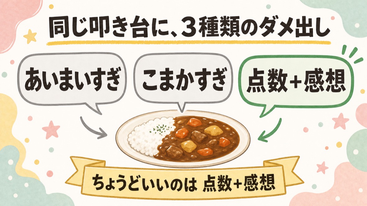 同じ叩き台への3種類のダメ出し：あいまいすぎ・こまかすぎ・点数＋感想