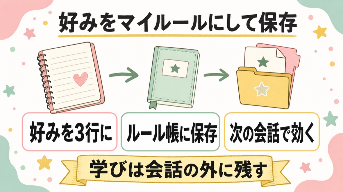流れ：好みを3行に→ルール帳（CLAUDE.md）に保存→次の会話で効く