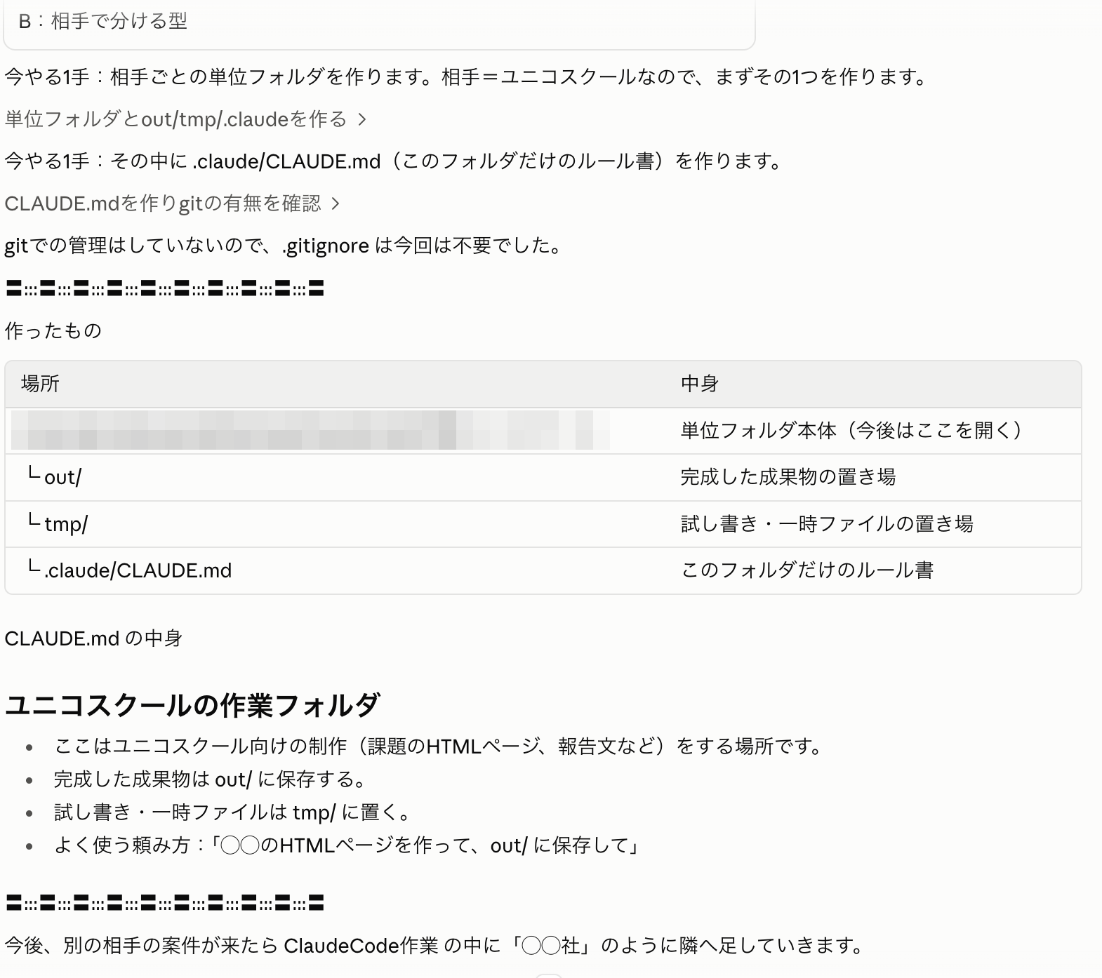 まとまりのフォルダと.claude/CLAUDE.mdができた画面