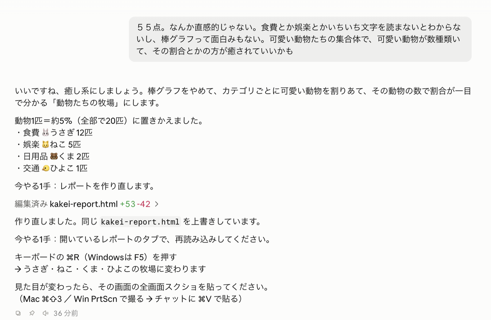 55点と感想を伝えたら動物で見せる方向に切り替わった画面